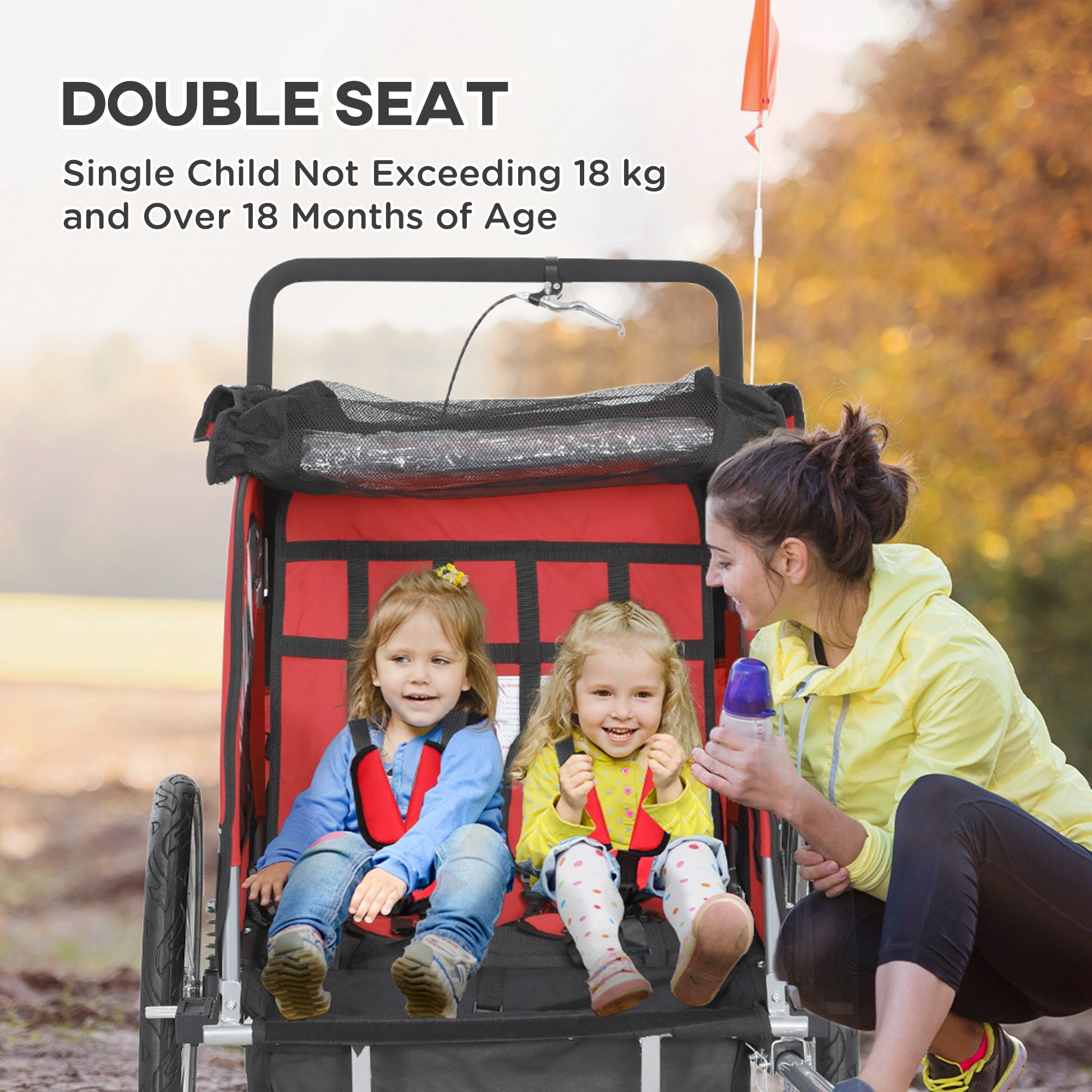 2 Seat Bike Trailer With 5 Point Harness, Baby Bike Stroller With Safety Flag, Reflectors, For 18+ Months, Red