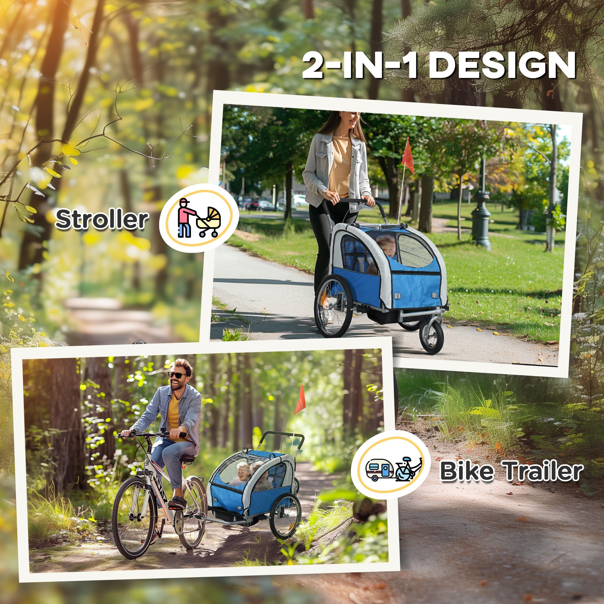 2 Seat Bike Trailer With 5 Point Harness, Baby Bike Stroller With Safety Flag, Reflectors, For 18+ Months, Blue