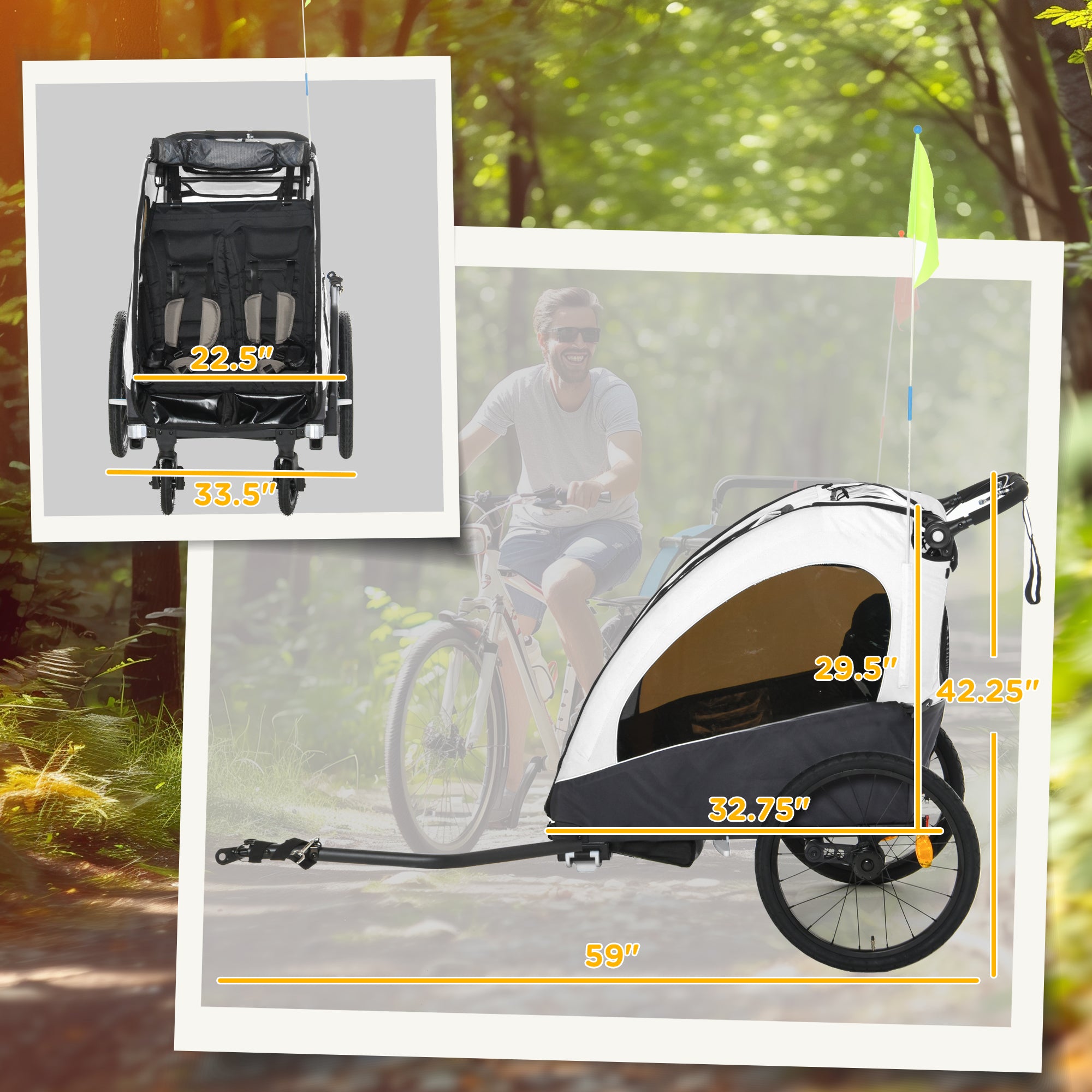 Bike Trailer for Kids 3 In1 Foldable Child Jogger Stroller Baby Stroller Transport Carrier with Shock Absorber System Rubber Tires Adjustable Handlebar Kid Bicycle Trailer White and Grey