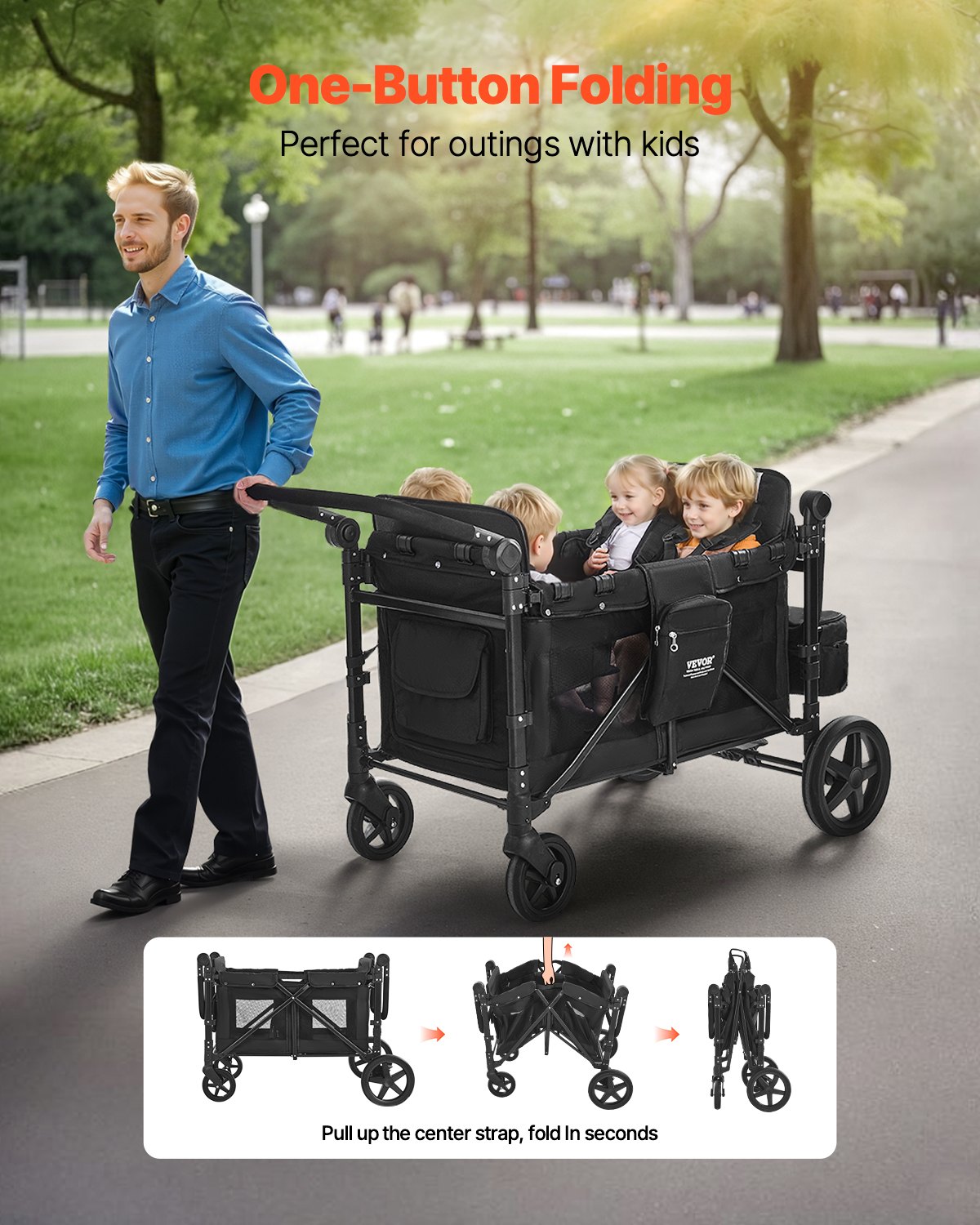 Wagon Stroller For 4 Kids Push Pull Quad Collapsible Stroller 330LBS Loading