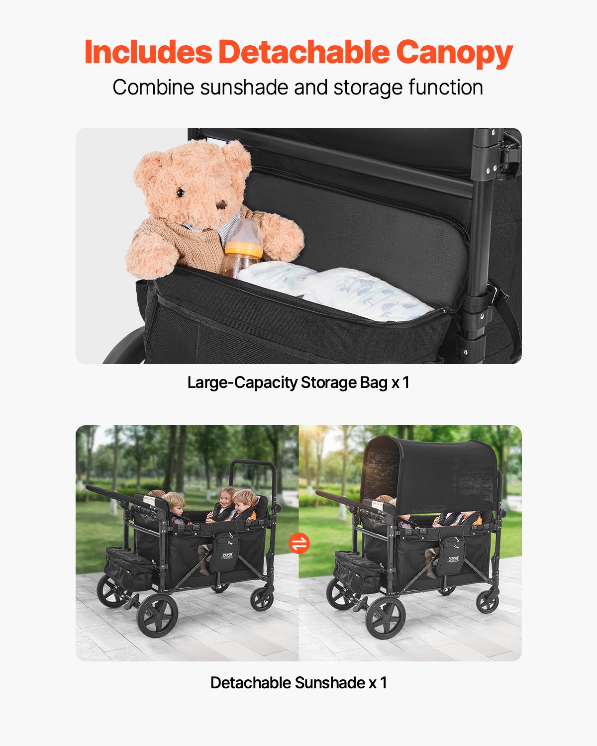 Wagon Stroller For 4 Kids Push Pull Quad Collapsible Stroller 330LBS Loading