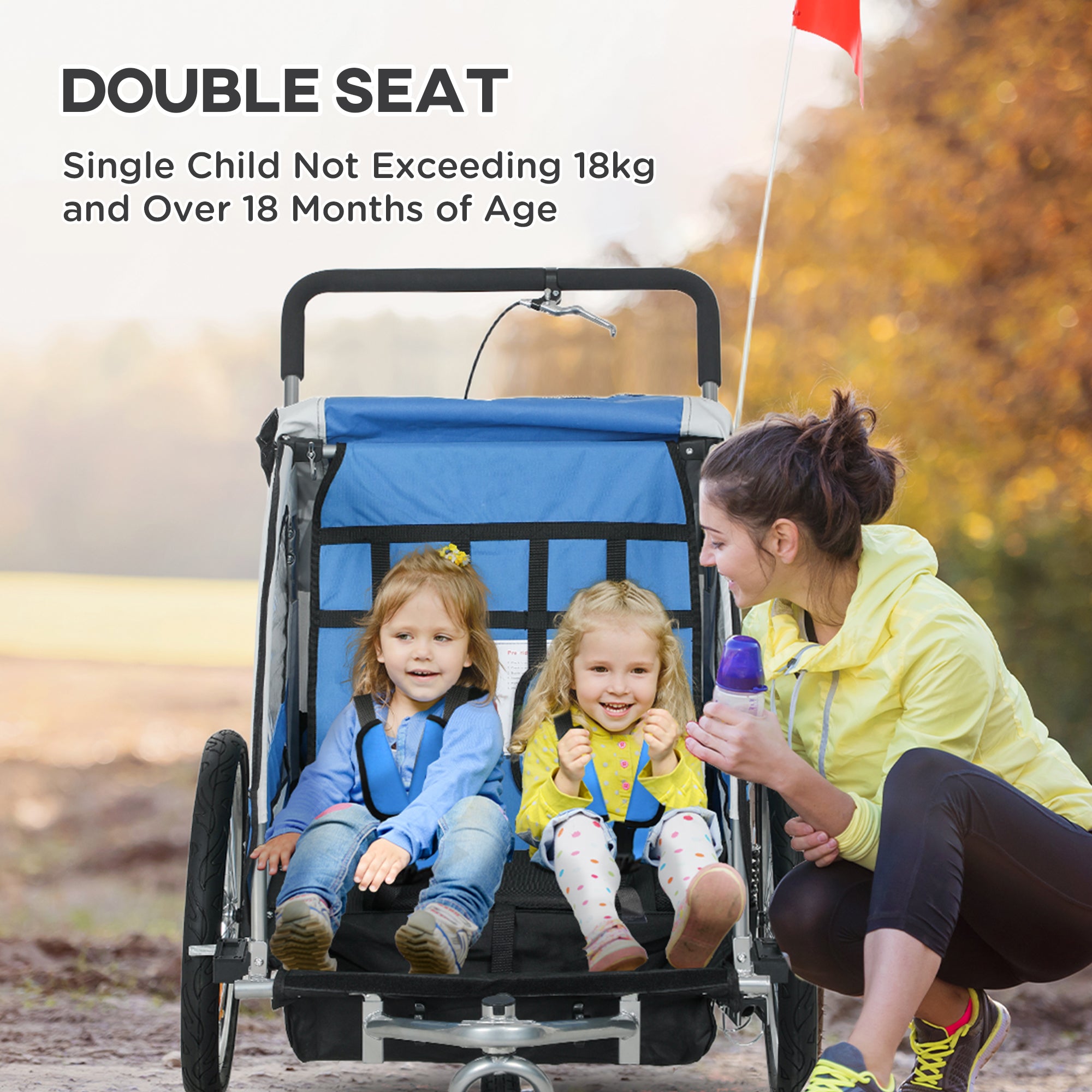 2 Seat Bike Trailer With 5 Point Harness, Baby Bike Stroller With Safety Flag, Reflectors, For 18+ Months, Blue