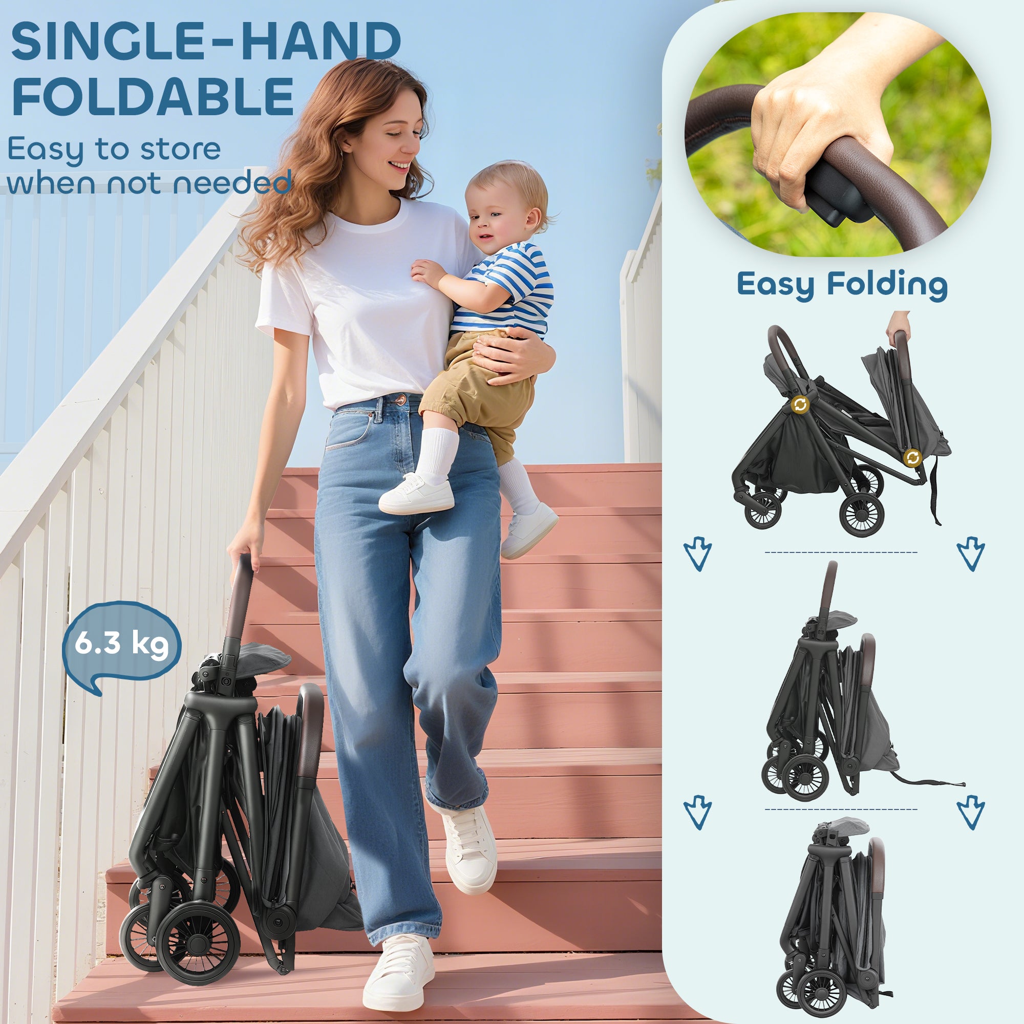 Foldable Baby Stroller With Adjustable Seat, 5-Point Harness, Canopy, Basket, 6.3kg Lightweight & Compact, Dark Grey