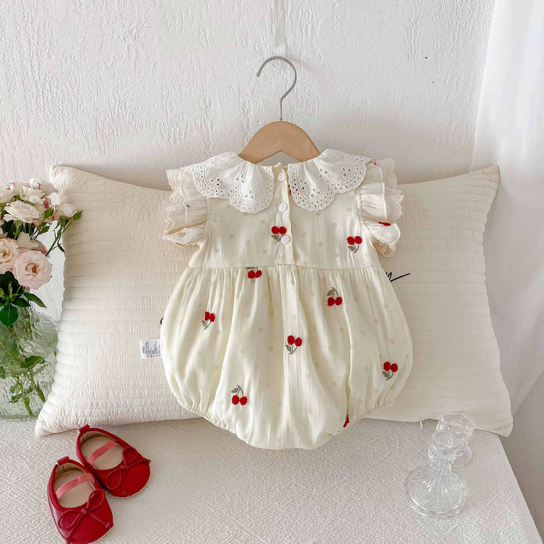 Summer Arrival Baby Girls Cute Fly Sleeves Cherry Embroidered Onesies