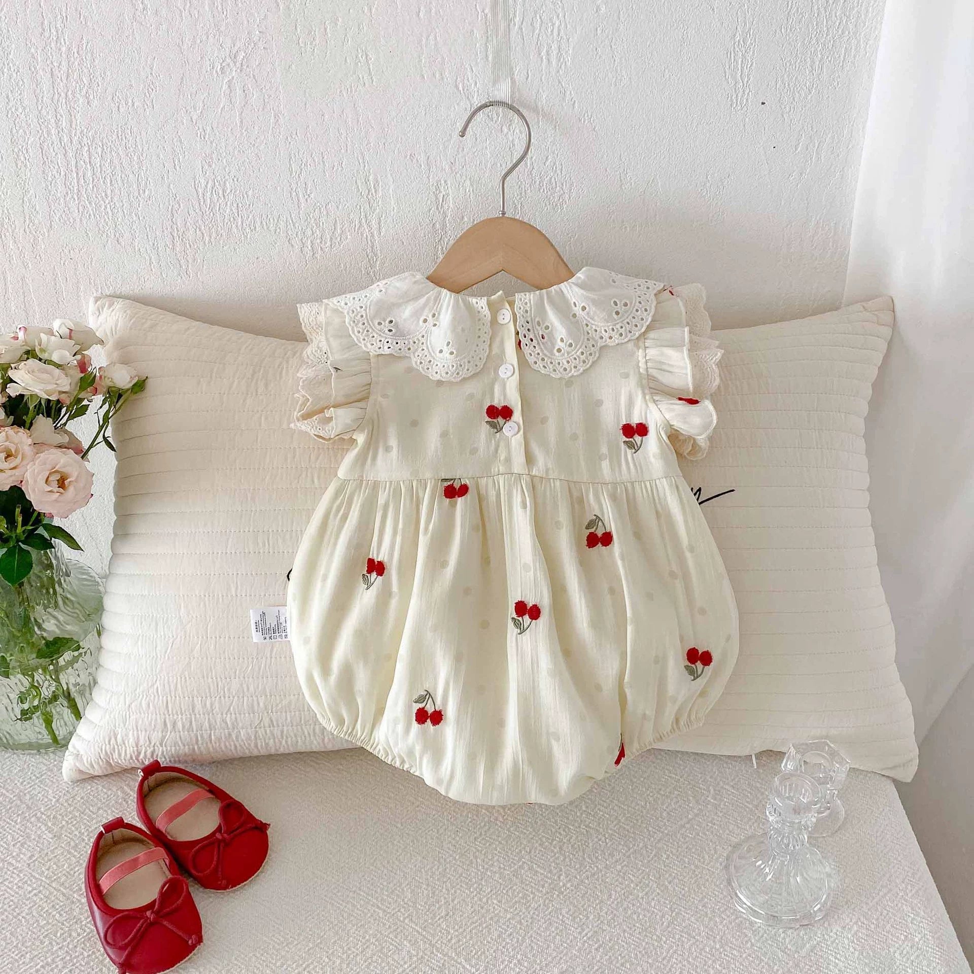 Summer Arrival Baby Girls Cute Fly Sleeves Cherry Embroidered Onesies