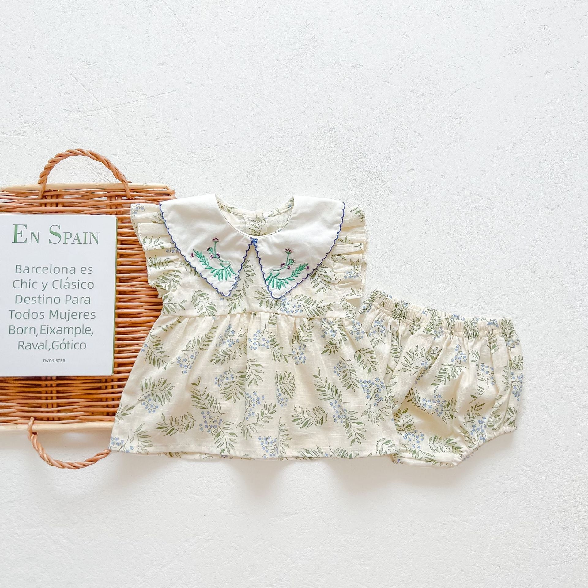 Baby Girl Floral Print Pattern Embroidered Lapel Sleeveless Tops Combo Shorts Two-Piece Sets