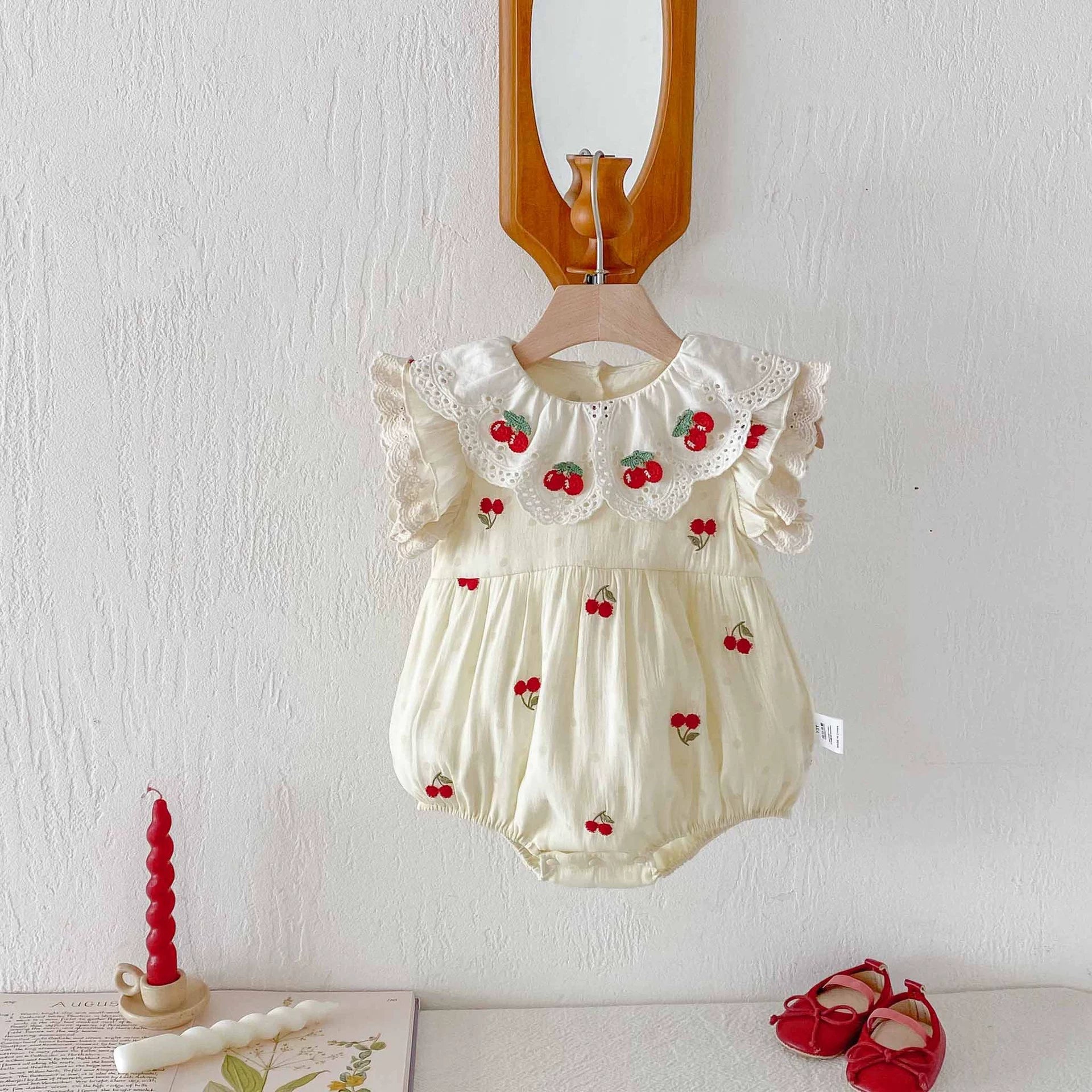 Summer Arrival Baby Girls Cute Fly Sleeves Cherry Embroidered Onesies