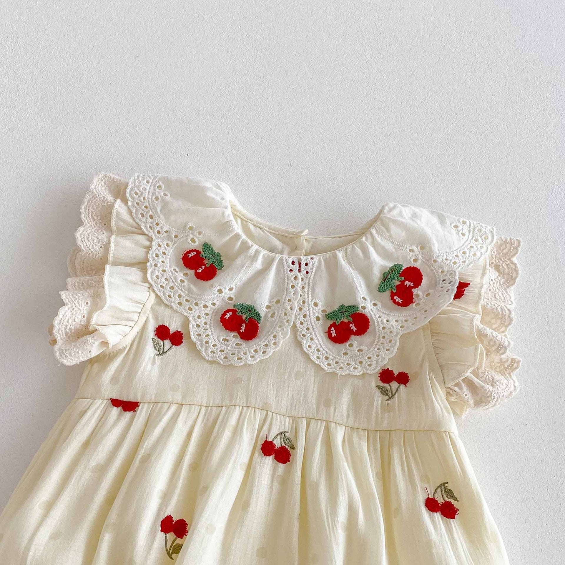 Summer Arrival Baby Girls Cute Fly Sleeves Cherry Embroidered Onesies