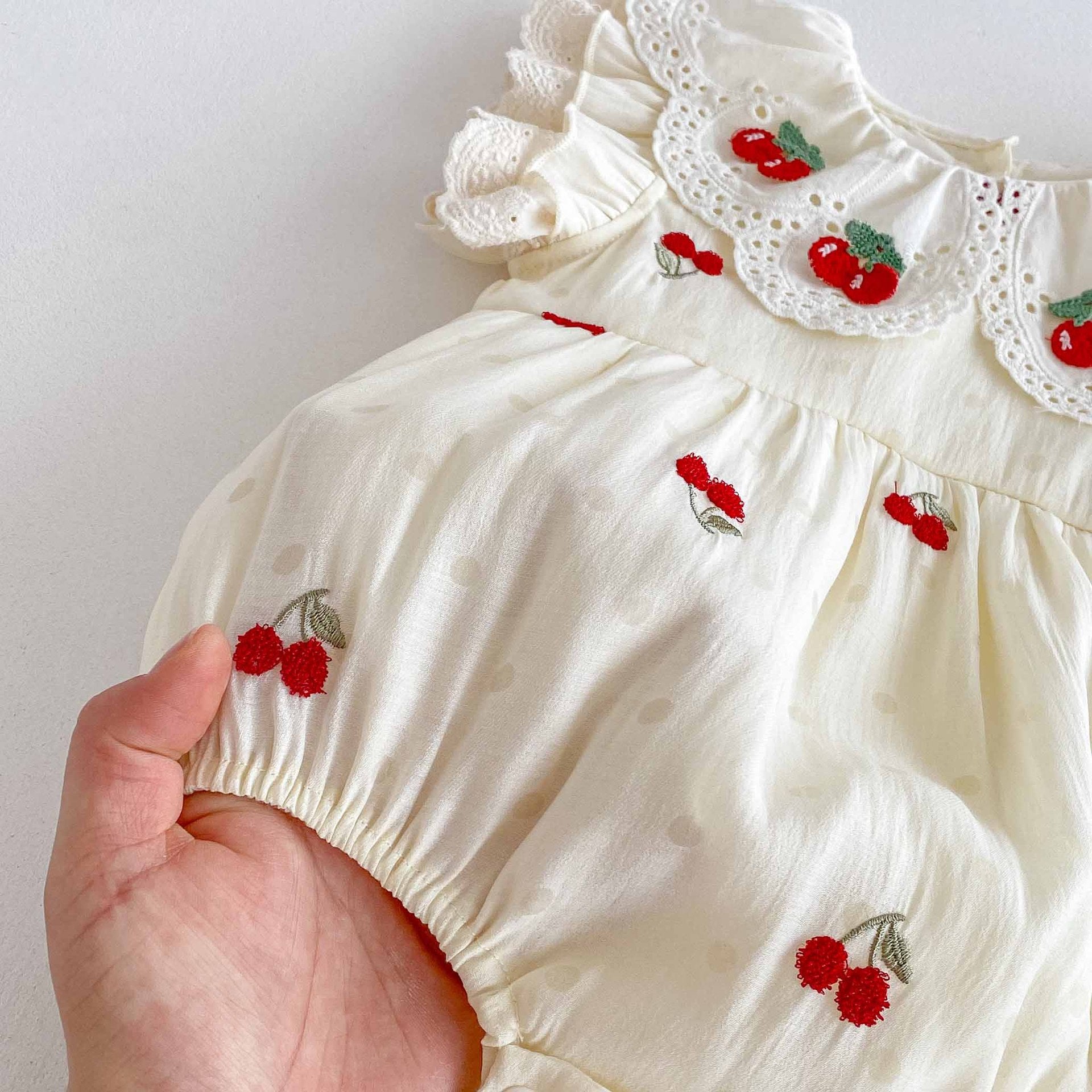 Summer Arrival Baby Girls Cute Fly Sleeves Cherry Embroidered Onesies