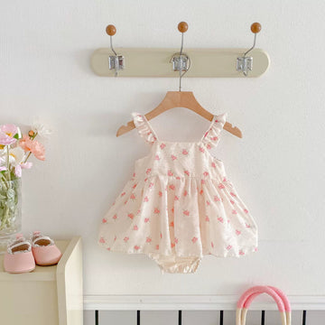 Summer Arrival Baby Girls Sleeveless Pink Flowers Pattern Dress Design Onesies