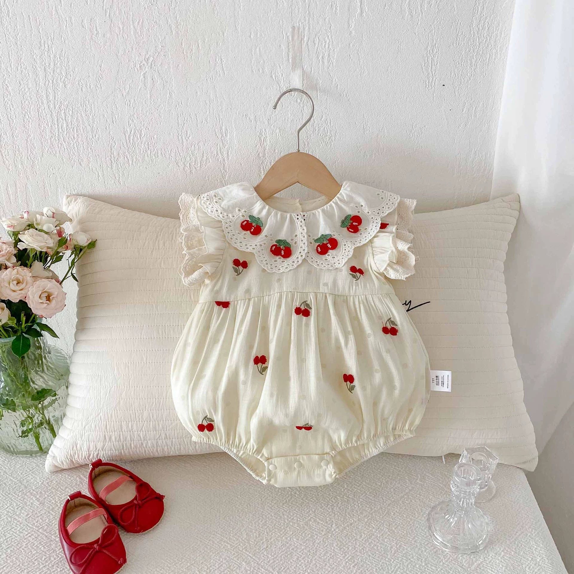 Summer Arrival Baby Girls Cute Fly Sleeves Cherry Embroidered Onesies