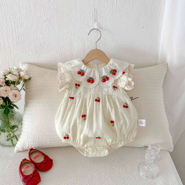 Summer Arrival Baby Girls Cute Fly Sleeves Cherry Embroidered Onesies